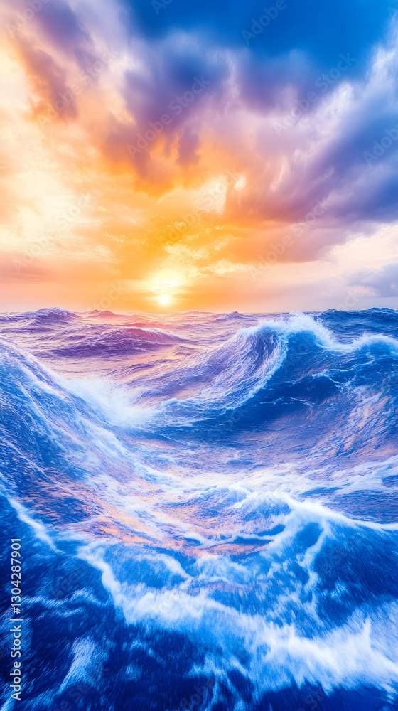 Fototapeta premium Dramatic ocean sunset, waves crashing, vibrant sky