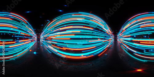 Fototapeta Naklejka Na Ścianę i Meble -  HDRI. Glowing neon lines. Full spherical panorama 360 degrees. 3D render illustration.