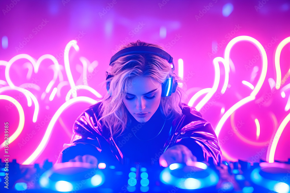 Female DJ performs in neon-lit club Female DJ performs in neon-lit club