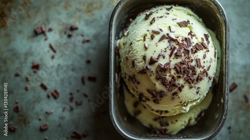 A vibrant mint chocolate chip ice cream scoop, adorned with chocolate shavings and a sprinkle of mint, promises a cool and refreshing treat, a burst of flavor on a sweltering summer day.