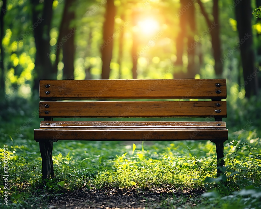 Empty bench in sunlit green forest Empty bench in sunlit green forest