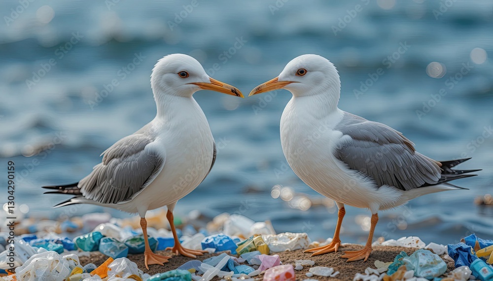 Fototapeta premium Examine how seabirds are affected by plastic pollution.