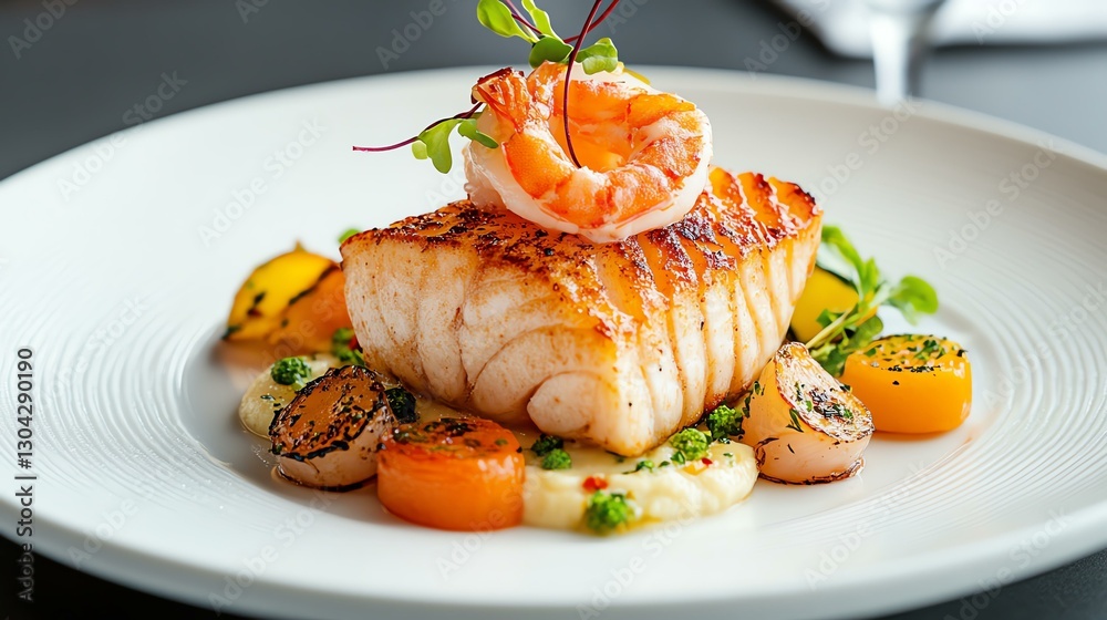 An elegant plate featuring grilled fish, garnished with fresh herbs and colorful vegetables, ideal for fine dining.