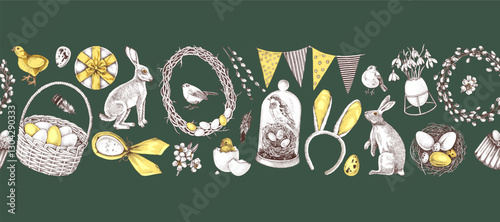 Easter holiday seamless border with hand drawn elements