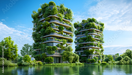 A modern eco-friendly architectural design featuring two green buildings surrounded by water and lush vegetation under a bright blue sky.