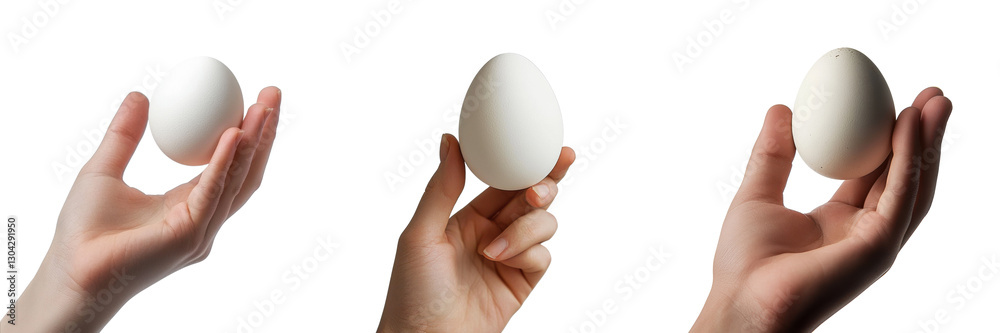 A Set of Hands Holding Single White Eggs with Soft Shadows Isolated on Transparent Background A Set of Hands Holding Single White Eggs with Soft Shadows Isolated on Transparent Background
