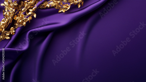 Luxurious royal purple silk fabric with elegant golden leaves