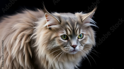 gray and white shaggy cat on a black background