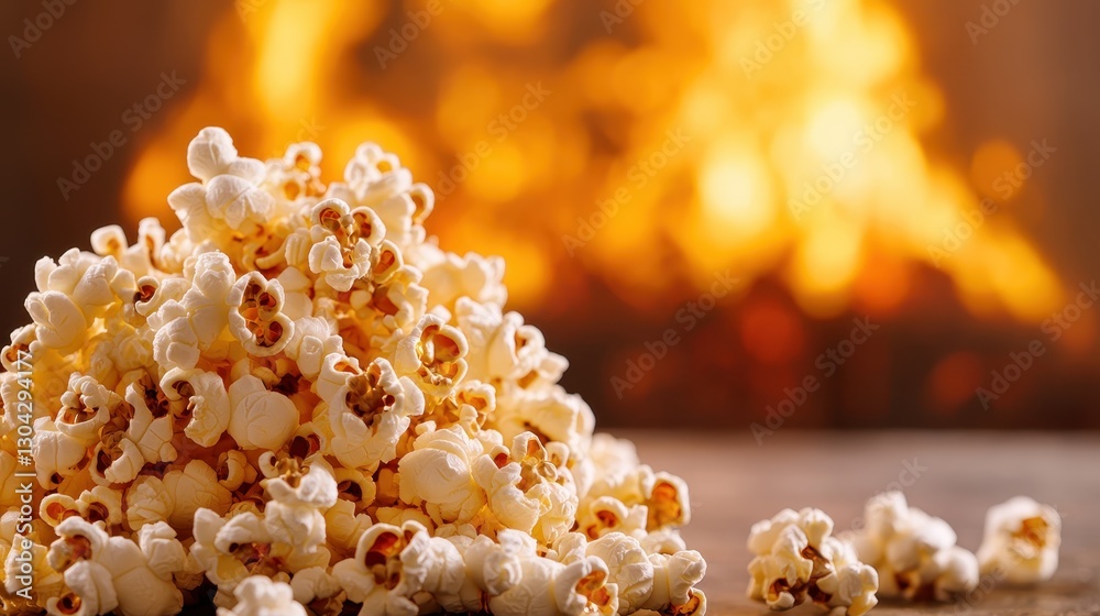 This image features a fluffy pile of popcorn set against a warm, glowing background representing hearth and comfort, making it perfect for cozy evenings and movie nights. This image features a fluffy pile of popcorn set against a warm, glowing background representing hearth and comfort, making it perfect for cozy evenings and movie nights.