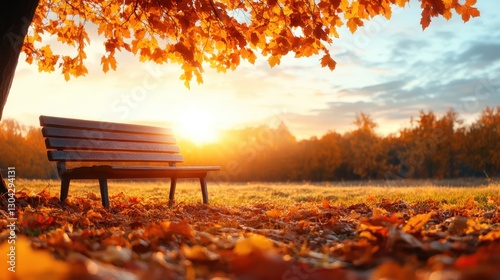 A beautifully lit park bench surrounded by colorful autumn leaves with the sun setting low on the horizon, creating a warm golden glow in the evening atmosphere. A moment to reflect.