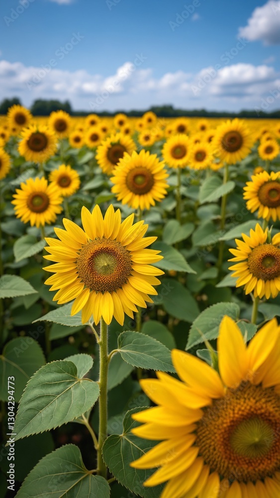 Yellow blooming sunflowers waved by wind grow in agricultural field. Cultivation of oil giving plants at picturesque farmland on summer day Yellow blooming sunflowers waved by wind grow in agricultural field. Cultivation of oil giving plants at picturesque farmland on summer day