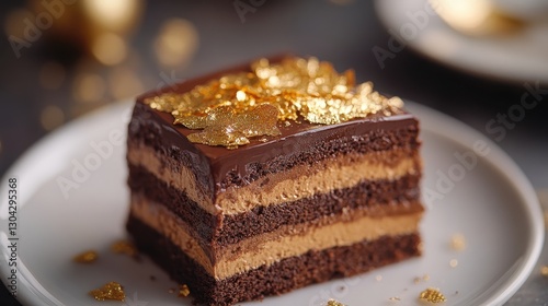 A decadent masterpiece, where layers of dark chocolate, creamy whipped cream, and shimmering gold leaf intertwined in a symphony of flavor and texture. photo