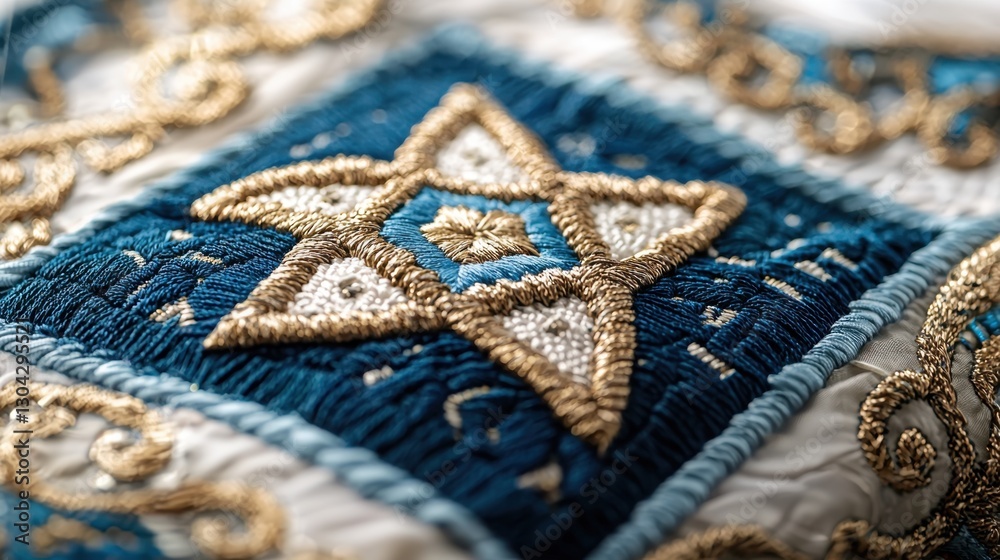 Fototapeta premium A blue and white star with gold embroidery