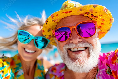 Happy senior couple's sunny beach selfie