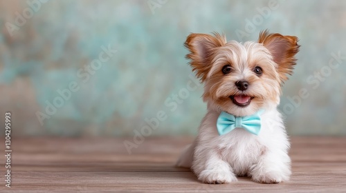 This joyful Yorkie, proudly wearing a charming blue bow tie, radiates positivity and happiness against a soft backdrop, perfect for capturing the essence of canine joy and companionship.