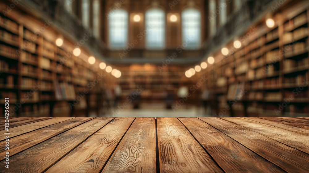 Wooden Tabletop in Blurred Library Setting Wooden Tabletop in Blurred Library Setting