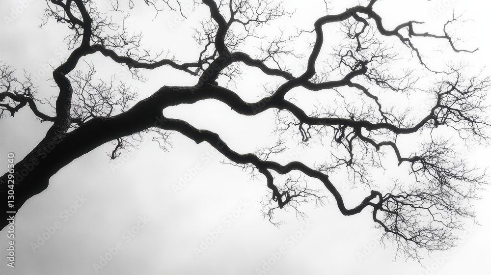 Fototapeta premium A silhouette of bare, sun-dappled tree branches against a soft, hazy sky, evoking a sense of tranquility and the passing of time.