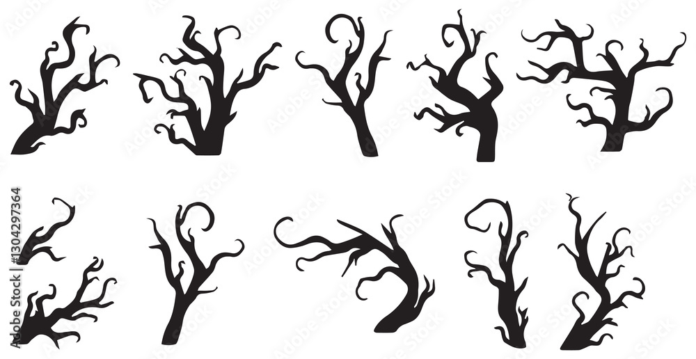 Set of eerie tree silhouettes for Halloween, featuring twisted, creepy shapes. Isolated on a white background. Dead forest. vector eps file Set of eerie tree silhouettes for Halloween, featuring twisted, creepy shapes. Isolated on a white background. Dead forest. vector eps file