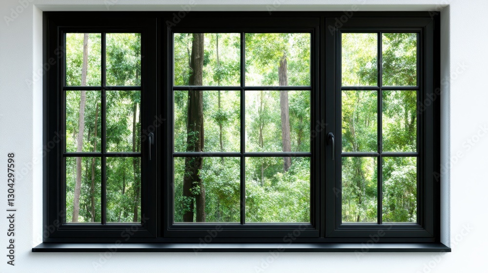 A panoramic view through a black-framed window revealing a serene and lush green forest, inviting the essence of nature indoors, ideal for relaxation and contemplation. A panoramic view through a black-framed window revealing a serene and lush green forest, inviting the essence of nature indoors, ideal for relaxation and contemplation.