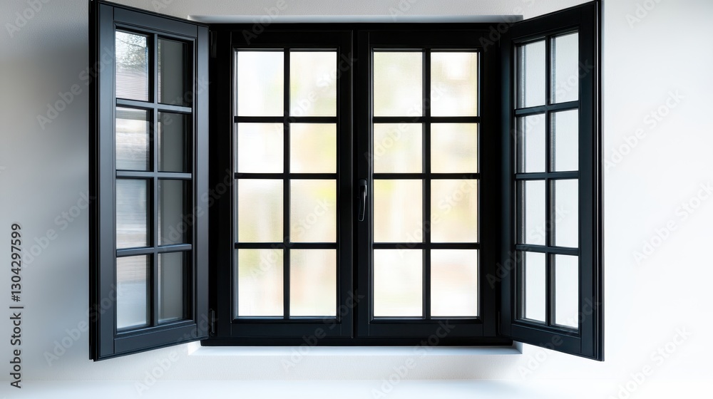 A beautifully designed black window, wide open, bringing in bright natural light into the indoors, symbolizing freedom and connection to the outside world, ideal for interior views. A beautifully designed black window, wide open, bringing in bright natural light into the indoors, symbolizing freedom and connection to the outside world, ideal for interior views.