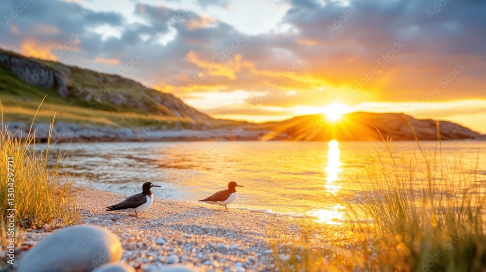 Naklejka premium This captivating scene features birds on a sandy beach during sunset, with the golden light reflecting off the water, creating a serene atmosphere filled with beauty.