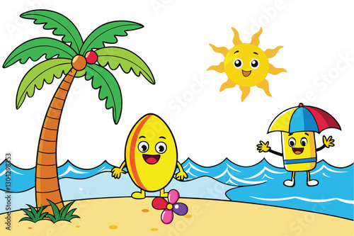 Cute kids playing beach summer cartoon. vector cartoon illustration isolated on white background