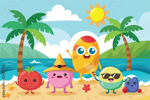 Group of Funny having fun on the beach. Hello summer. Child jumping. Children jump on the beach in the summer Vector illustration in cartoon style