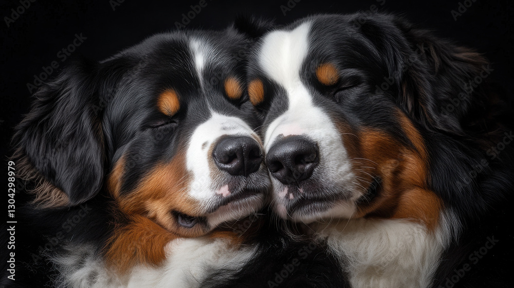 A close-up of two fluffy Bernese Mountain Dogs snuggling with their eyes closed, their thick tricolor fur illuminated by gentle soft lighting A close-up of two fluffy Bernese Mountain Dogs snuggling with their eyes closed, their thick tricolor fur illuminated by gentle soft lighting