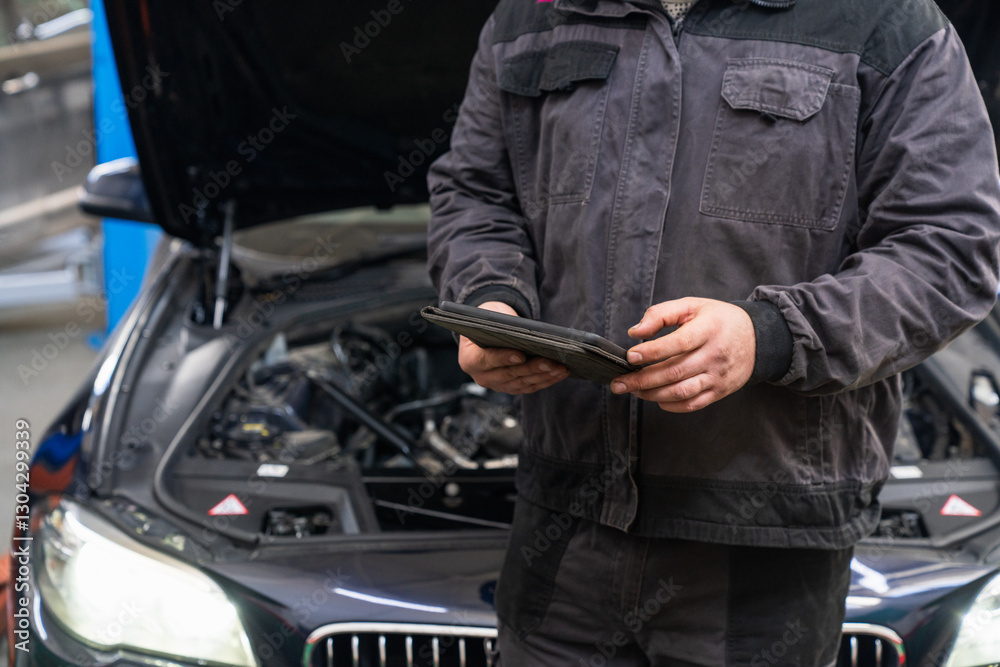 Serviceman with tablet checks car software in car service Serviceman with tablet checks car software in car service