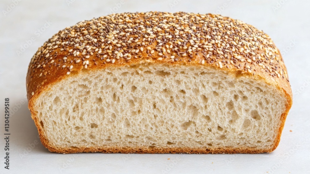 A freshly baked loaf of multigrain bread with visible sesame and flaxseeds on top, A freshly baked loaf of multigrain bread with visible sesame and flaxseeds on top,