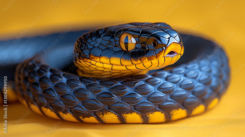 Obraz premium Black snake with yellow markings coiled on golden background displaying striking eye and scales detail. Concept of wildlife photography, exotic reptiles, and natural beauty