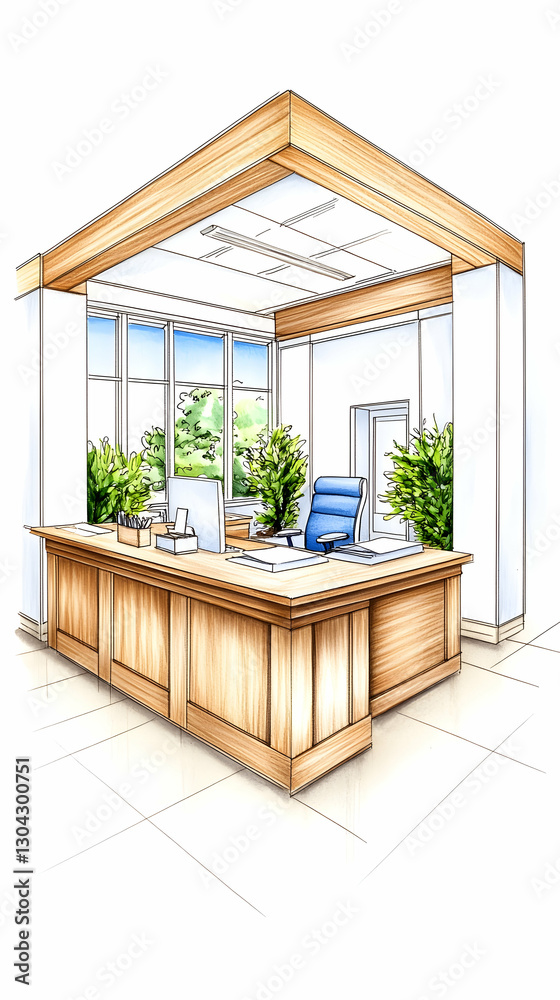 Fototapeta premium Modern office reception design, bright interior, wood desk