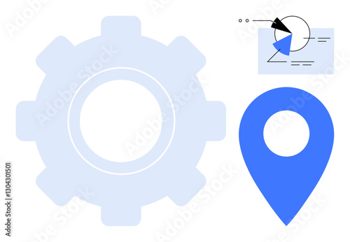 Blueprint gear, blue location pin, and data analytic elements connected to innovation and precision. Ideal for technology, process improvement, navigation, data analysis, strategy, industry