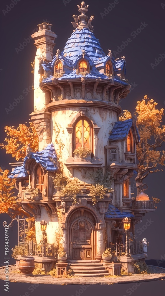 Obraz premium A wizard's house of magical elements and whimsical architecture in anime-style
