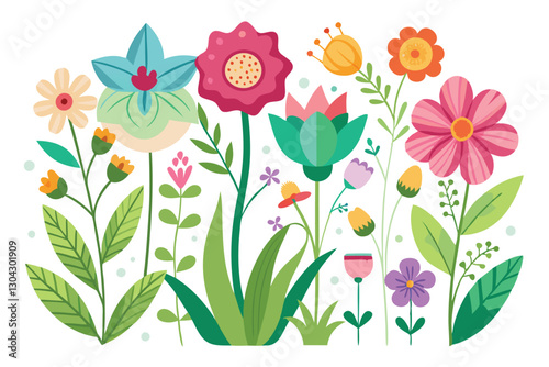 Collection of floral elements and leaves. Collection of blooming meadow flowers isolated on white background.