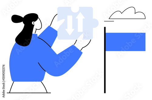 Woman placing puzzle piece with up and down arrows near goal flag, representing strategic planning, teamwork, problem-solving, growth, achievement, guidance, and alignment. Modern flat simple