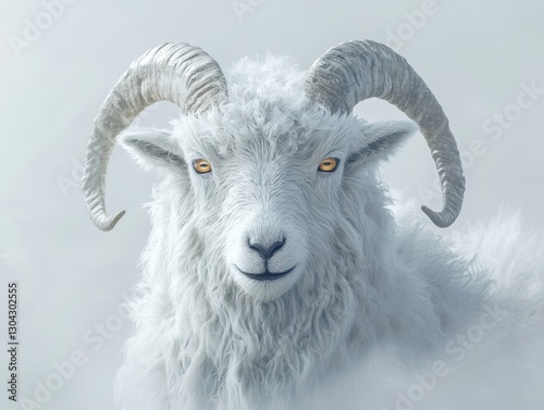 Majestic white goat with curved horns photo