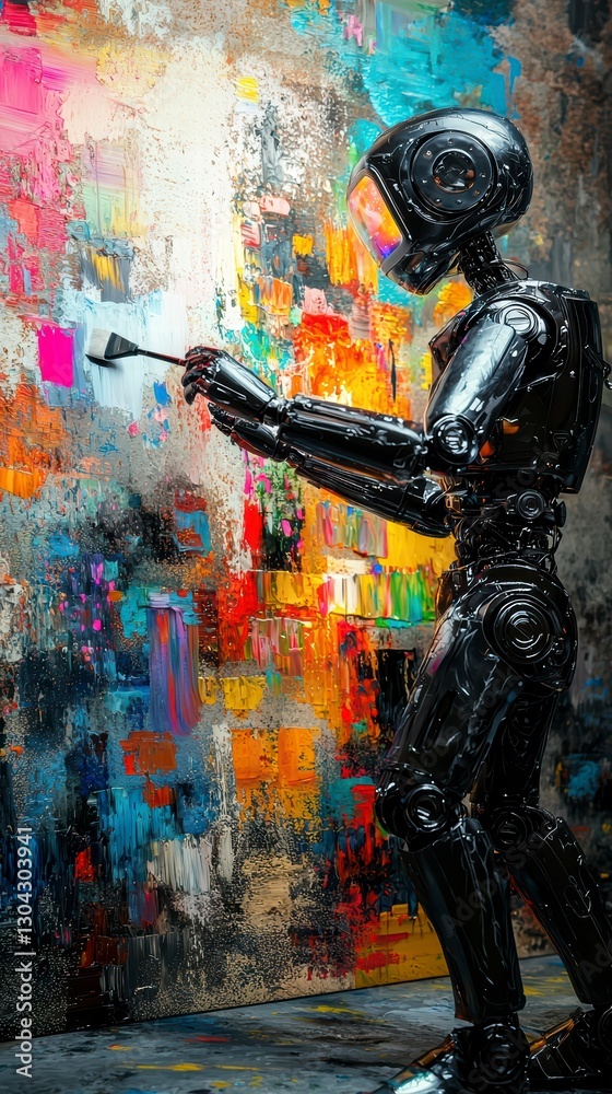 Fototapeta premium Robot Artist: Futuristic robot artist with a sleek metallic exterior meticulously paints a vibrant abstract artwork, blending technology and art in a thought-provoking display.