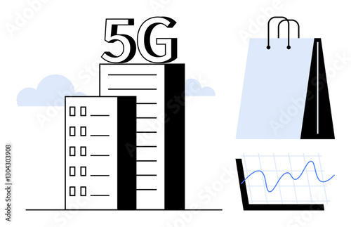 Skyscraper with 5G label, shopping bag, and data chart indicating modern communication, business growth, online shopping, and data trends. Ideal for technology, retail, finance innovation