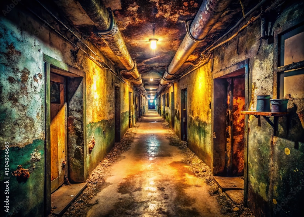 Fototapeta premium Abandoned Underground Bunker Corridor: Shabby Walls, Low Light, Tilt-Shift Photography