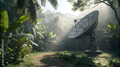 Satellite Dish in Lush Tropical Jungle at Sunrise Remote Communication Technology in Nature