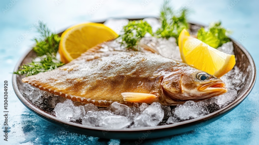 An elegant platter featuring grilled fish, adorned with lemon slices and greens, beautifully laid out on ice, representing the pinnacle of culinary excellence. An elegant platter featuring grilled fish, adorned with lemon slices and greens, beautifully laid out on ice, representing the pinnacle of culinary excellence.