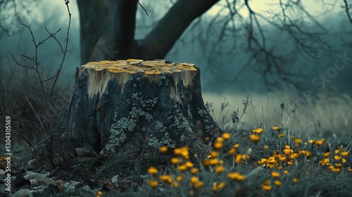 A weathered oak stump, its bark a tapestry of faded gold and crimson, stood sentinel, its rings like silent whispers of time and the seasons it had weathered. photo