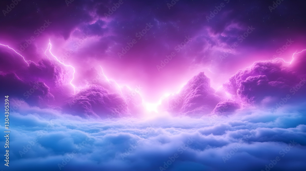 Purple lightning storm above ethereal cloudscape Purple lightning storm above ethereal cloudscape