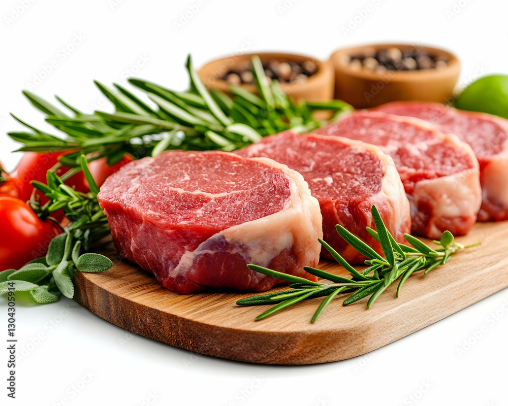 Raw beef steaks, herbs, spices on wooden board Raw beef steaks, herbs, spices on wooden board
