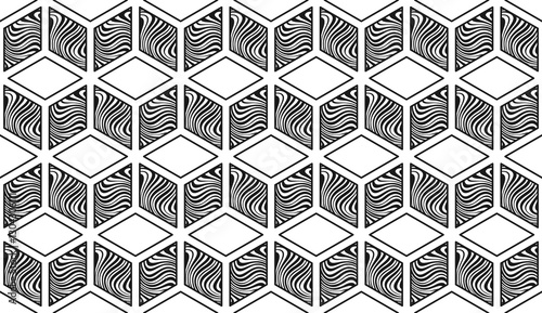 Empty outline rhombuses and with striped wavy texture. Black and white endless texture with geometric ornament, rhombic hexagons, cubes. Vector seamless pattern for wrapping paper and surface texture