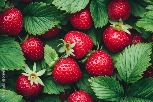 Ripe Red Strawberries nestled in Lush Green Leaves