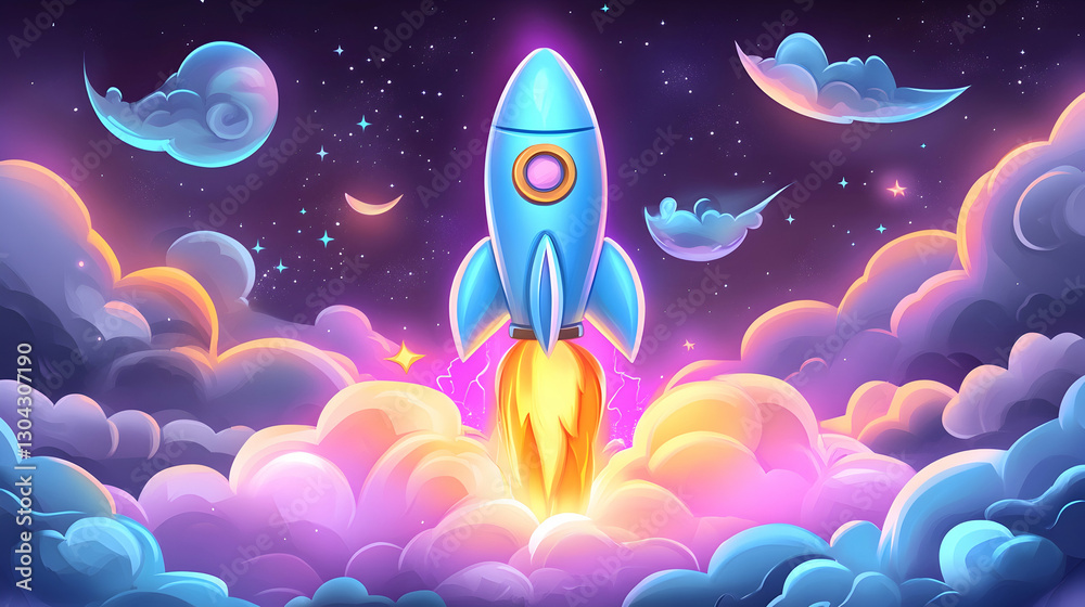 Obraz premium Rocket launching through vibrant night sky clouds