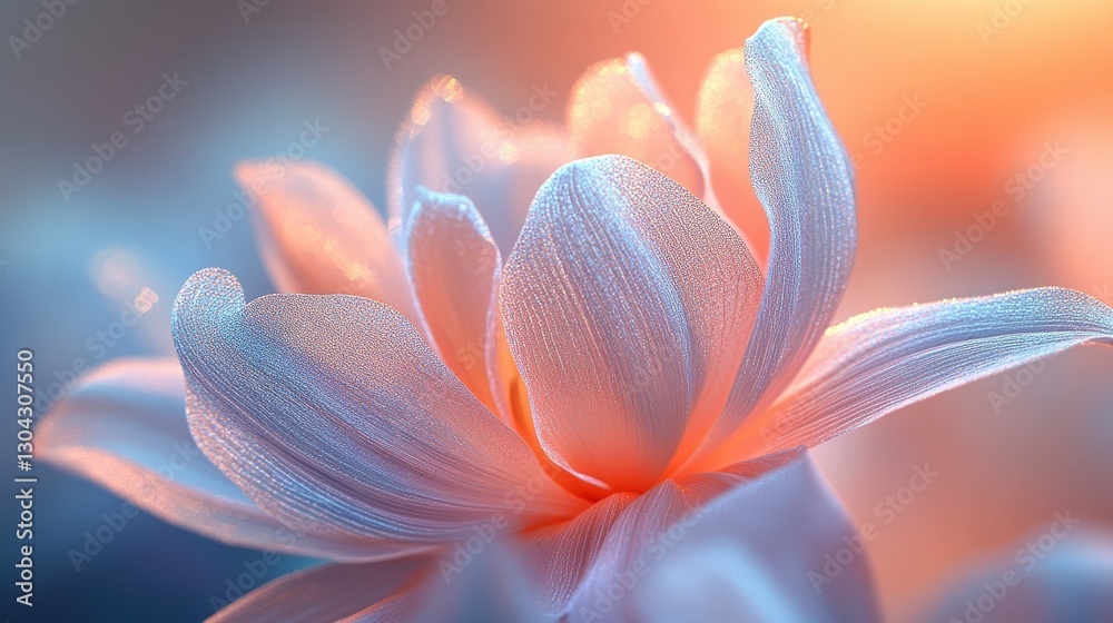 Fototapeta premium A delicate water lily, its petals unfurling like a sleeping beauty, emerged from its watery slumber, bathed in the ethereal glow of the rising sun.