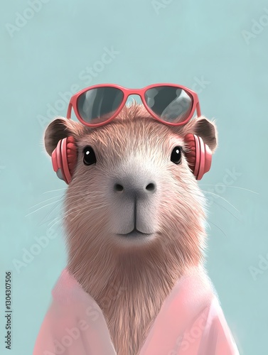 Portrait of a capybara with headphones, symmetry, sunglasses, vibing, illustration, aesthetics